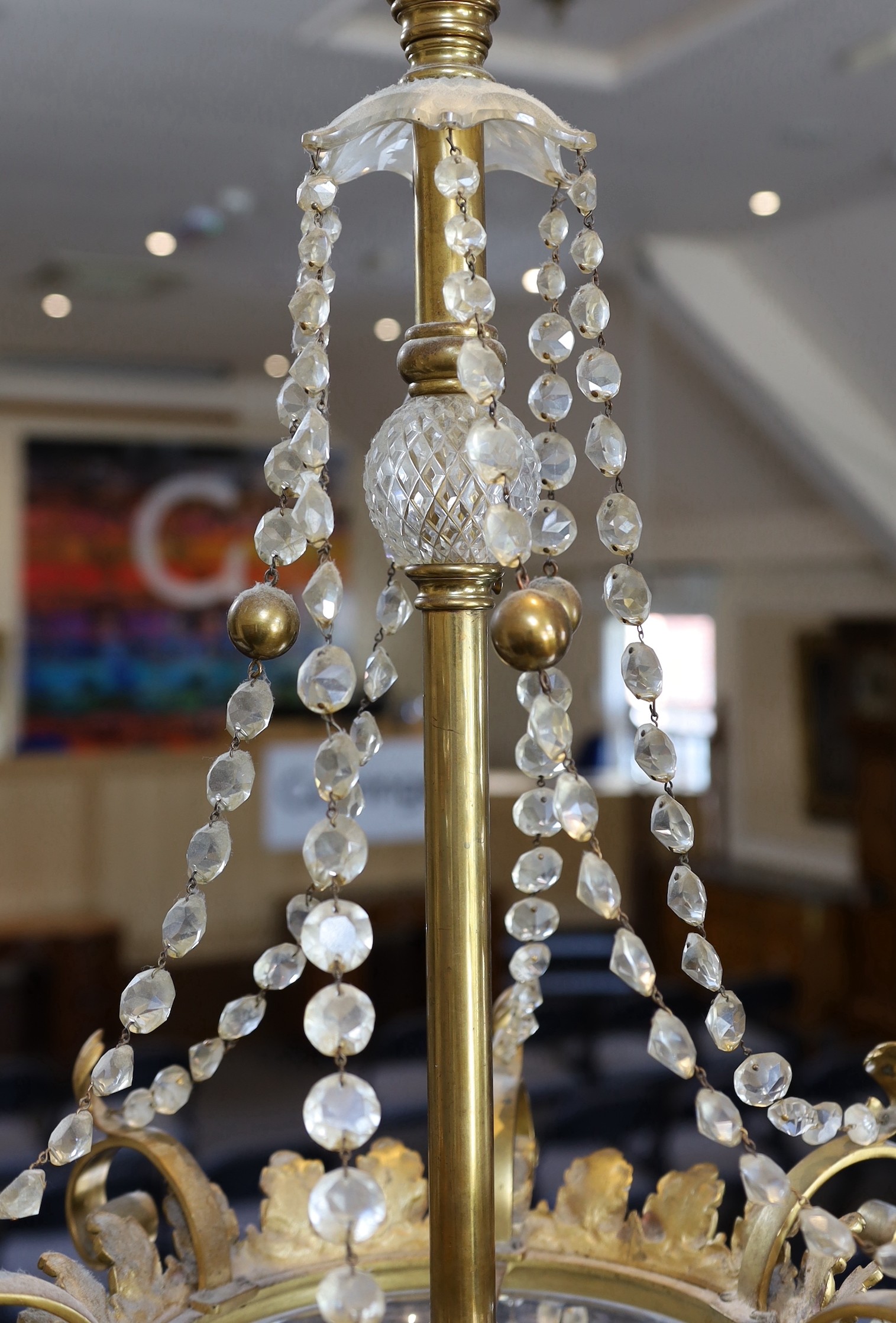 A late Victorian ormolu and cut glass light fitting, by F & C Osler, drop 80cm diameter 36cm